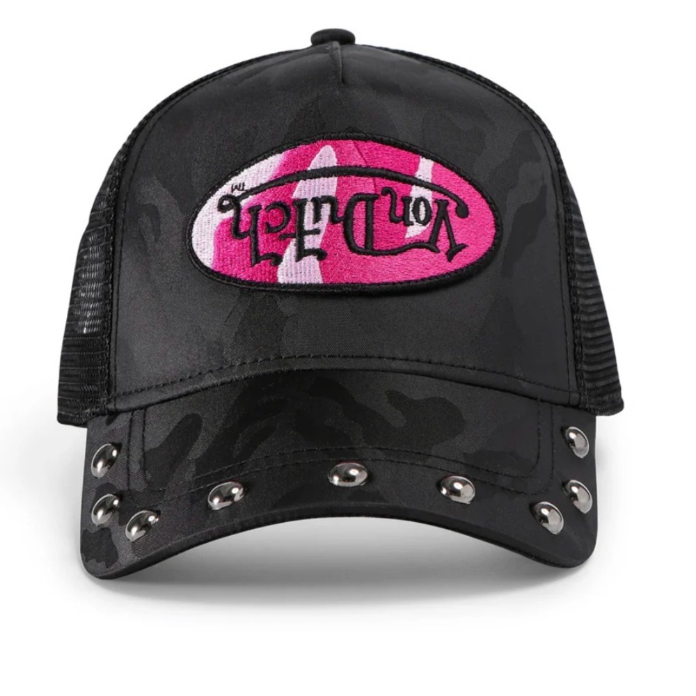 Von Dutch Black Mesh Trucker Hat with Pink Logo Patch